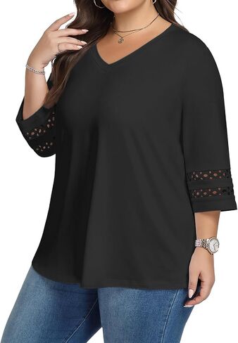 Lastshe Women Plus Size Tops 3/4 Length Sleeve Dressy Casual Blouses V Neck T Shirts Summer Clothes for 2026 Trendy in Kuwait
