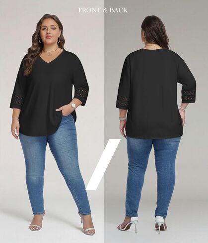Lastshe Women Plus Size Tops 3/4 Length Sleeve Dressy Casual Blouses V Neck T Shirts Summer Clothes for 2026 Trendy in Kuwait