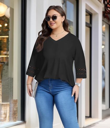 Lastshe Women Plus Size Tops 3/4 Length Sleeve Dressy Casual Blouses V Neck T Shirts Summer Clothes for 2026 Trendy in Kuwait