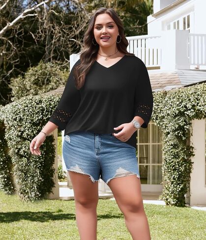 Lastshe Women Plus Size Tops 3/4 Length Sleeve Dressy Casual Blouses V Neck T Shirts Summer Clothes for 2026 Trendy in Kuwait