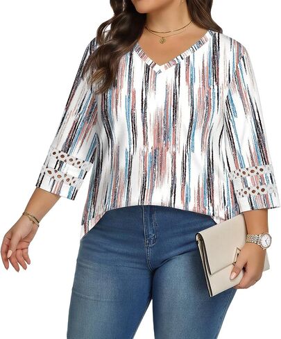 Lastshe Women Plus Size Tops 3/4 Length Sleeve Dressy Casual Blouses V Neck T Shirts Summer Clothes for 2026 Trendy in Kuwait