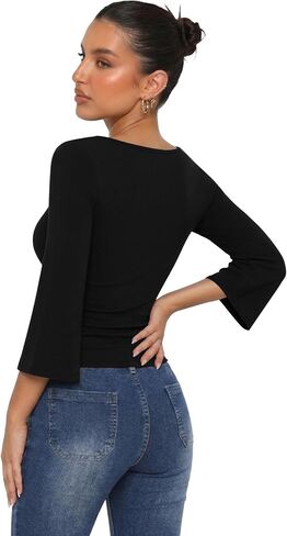 IWD Womens 3/4 Length Sleeve Top Boat Neck Crop Waist Slim Fitted Shirts for Women Going Out Ribbed Bell Sleeve Cute in Saudi Arabia