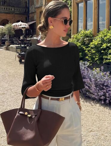 IWD Womens 3/4 Length Sleeve Top Boat Neck Crop Waist Slim Fitted Shirts for Women Going Out Ribbed Bell Sleeve Cute in Saudi Arabia