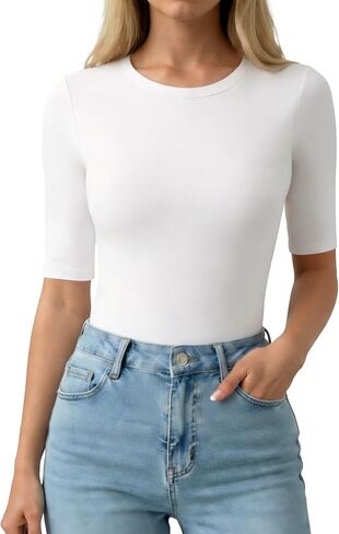 MANGOPOP Half Sleeve Tops for Women Crew Neck Slim Fitted Casual Going Out T Shirt Tops 2026 Trendy in Kuwait
