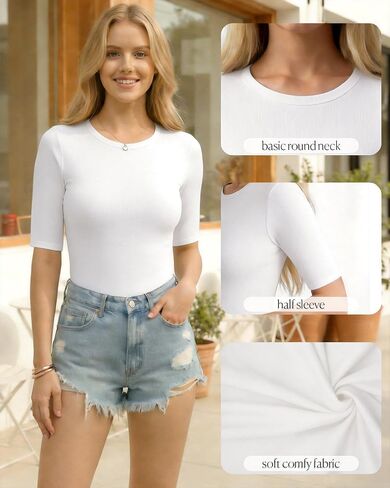 MANGOPOP Half Sleeve Tops for Women Crew Neck Slim Fitted Casual Going Out T Shirt Tops 2026 Trendy in Kuwait