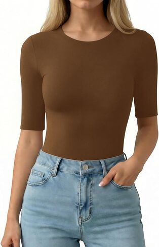 MANGOPOP Half Sleeve Tops for Women Crew Neck Slim Fitted Casual Going Out T Shirt Tops 2026 Trendy in Kuwait