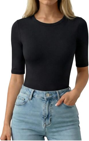 MANGOPOP Half Sleeve Tops for Women Crew Neck Slim Fitted Casual Going Out T Shirt Tops 2026 Trendy in Kuwait