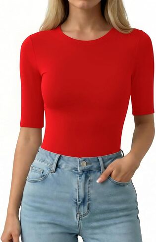 MANGOPOP Half Sleeve Tops for Women Crew Neck Slim Fitted Casual Going Out T Shirt Tops 2026 Trendy in Kuwait