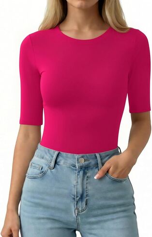 MANGOPOP Half Sleeve Tops for Women Crew Neck Slim Fitted Casual Going Out T Shirt Tops 2026 Trendy in Kuwait