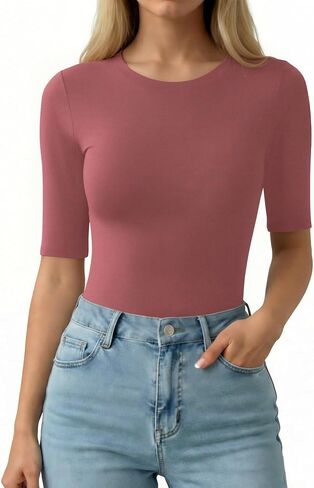 MANGOPOP Half Sleeve Tops for Women Crew Neck Slim Fitted Casual Going Out T Shirt Tops 2026 Trendy in Kuwait