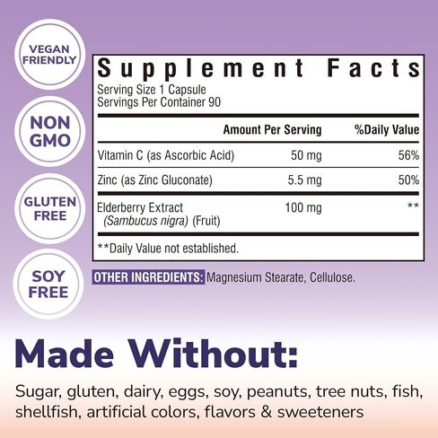 Vitalibre Elderberry Vitamin C and Zinc for Adults, Concentrated Elderberry Extract, Non GMO, No Gluten, Support Immune Health, 90 Vegan Capsules in Kuwait