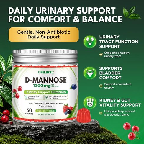 CFILIHTC D-Mannose Cranberry Gummies Supplements for Women, with D Mannose 1,300mg, Cranberry & Probiotics, Urinary Tract Health for Women, Kidney Cleanse, Bladder Flush Health, Sugar-Free 60 Count in Saudi Arabia