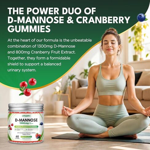 CFILIHTC D-Mannose Cranberry Gummies Supplements for Women, with D Mannose 1,300mg, Cranberry & Probiotics, Urinary Tract Health for Women, Kidney Cleanse, Bladder Flush Health, Sugar-Free 60 Count in Saudi Arabia