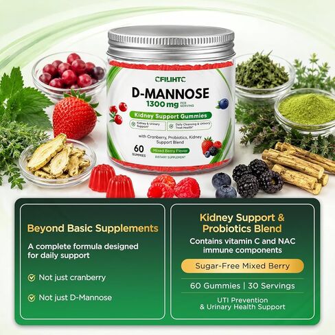 CFILIHTC D-Mannose Cranberry Gummies Supplements for Women, with D Mannose 1,300mg, Cranberry & Probiotics, Urinary Tract Health for Women, Kidney Cleanse, Bladder Flush Health, Sugar-Free 60 Count in Saudi Arabia