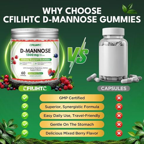 CFILIHTC D-Mannose Cranberry Gummies Supplements for Women, with D Mannose 1,300mg, Cranberry & Probiotics, Urinary Tract Health for Women, Kidney Cleanse, Bladder Flush Health, Sugar-Free 60 Count in Saudi Arabia