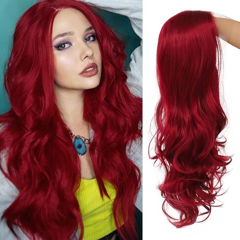 Red Lace Front Curly Wave Long Wigs for Women Heat Resistant Hair Wig Natural Looking Halloween Cosplay Party Wig in Kuwait