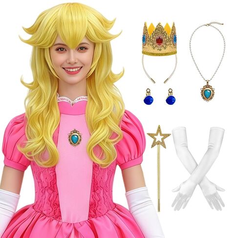 Mildiso 7pcs Golden Blonde Peach Princess Costume Wig for Women Adults Halloween Cosplay with Crown Wand Ear Clips Necklace Gloves Wig Cap - Long Wavy & Thick Soft & Tangle Resistant M137 in Saudi Arabia