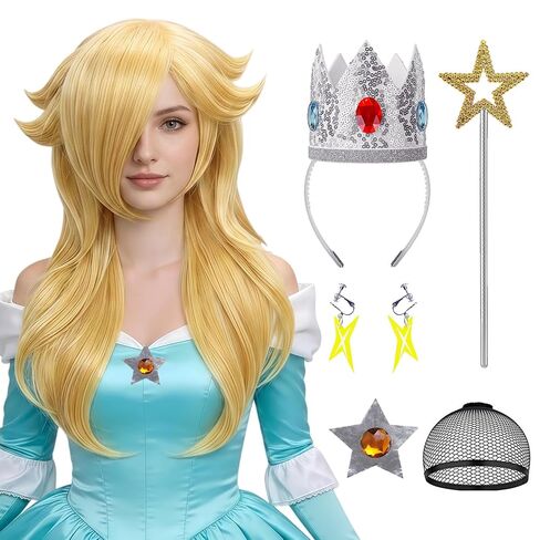 Ruina 6pcs Women Blonde Princess Wig for Adults Costume Cosplay with Crown Wand Brooch Earrings Wig Cap - Wavy Wig for Halloween Birthday Party - Pre-cut Bangs & Soft & Breathable R063 in Saudi Arabia