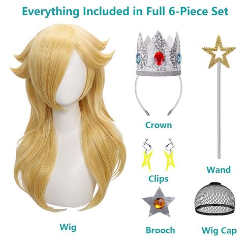 Ruina 6pcs Women Blonde Princess Wig for Adults Costume Cosplay with Crown Wand Brooch Earrings Wig Cap - Wavy Wig for Halloween Birthday Party - Pre-cut Bangs & Soft & Breathable R063 in Saudi Arabia