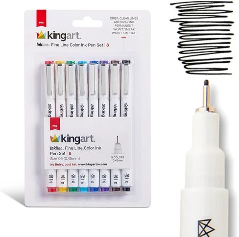 KINGART 435-8 PRO Inkline Color Micro Line & Precision Graphic Pens, 8 COLORS Size 05 (0.45 mm) Nibs, Archival Waterproof Japanese Ink for Art, Illustration, Lettering, Anime, Technical Drawing, Manga in Kuwait