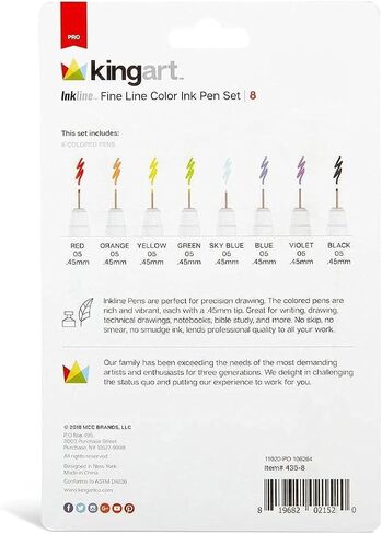 KINGART 435-8 PRO Inkline Color Micro Line & Precision Graphic Pens, 8 COLORS Size 05 (0.45 mm) Nibs, Archival Waterproof Japanese Ink for Art, Illustration, Lettering, Anime, Technical Drawing, Manga in Kuwait