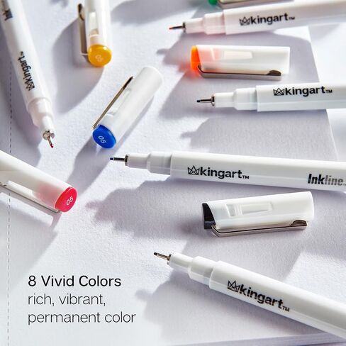 KINGART 435-8 PRO Inkline Color Micro Line & Precision Graphic Pens, 8 COLORS Size 05 (0.45 mm) Nibs, Archival Waterproof Japanese Ink for Art, Illustration, Lettering, Anime, Technical Drawing, Manga in Kuwait
