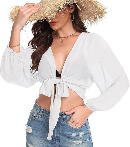 Women's Tie Front Tops Swimwear Cover Ups Long Sleeve Cropped Cardigan Swimsuit Beach Shirt in Saudi Arabia