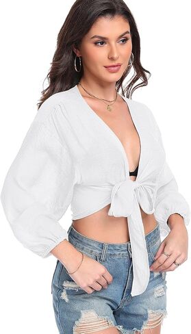 Women's Tie Front Tops Swimwear Cover Ups Long Sleeve Cropped Cardigan Swimsuit Beach Shirt in Saudi Arabia