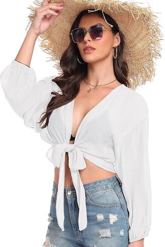 Women's Tie Front Tops Swimwear Cover Ups Long Sleeve Cropped Cardigan Swimsuit Beach Shirt in Saudi Arabia