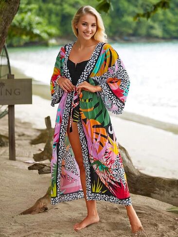 Women's Long Kimono Cover Ups Lightweight Open Front Cardigans Dress Casual Swimsuit Robe for Beach Swimwear in Kuwait