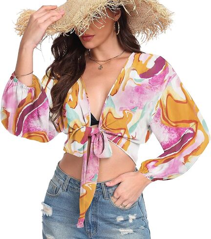 Women's Tie Front Tops Swimwear Cover Ups Long Sleeve Cropped Cardigan Swimsuit Beach Shirt in Saudi Arabia