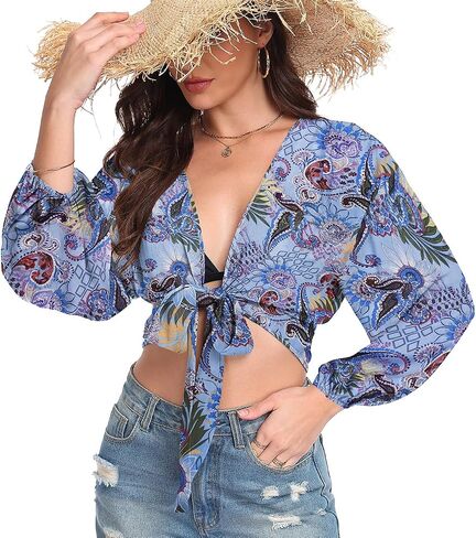 Women's Tie Front Tops Swimwear Cover Ups Long Sleeve Cropped Cardigan Swimsuit Beach Shirt in Saudi Arabia