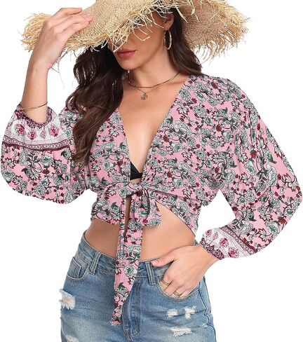 Women's Tie Front Tops Swimwear Cover Ups Long Sleeve Cropped Cardigan Swimsuit Beach Shirt in Saudi Arabia