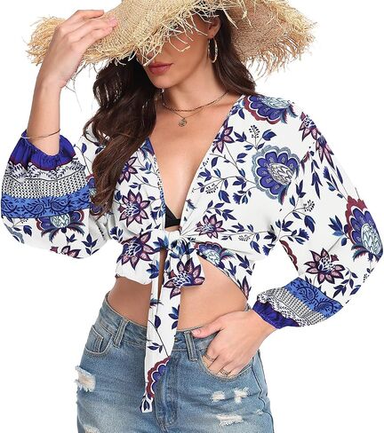 Women's Tie Front Tops Swimwear Cover Ups Long Sleeve Cropped Cardigan Swimsuit Beach Shirt in Saudi Arabia
