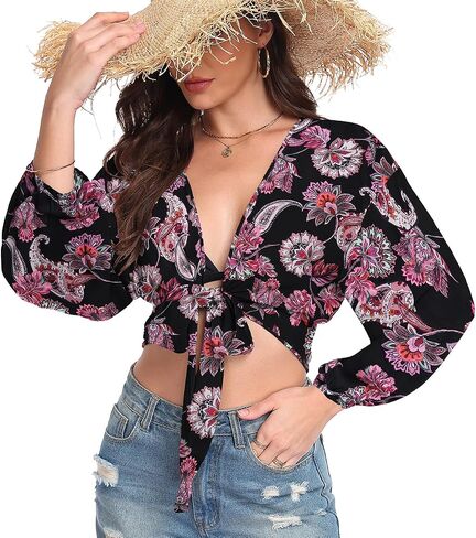 Women's Tie Front Tops Swimwear Cover Ups Long Sleeve Cropped Cardigan Swimsuit Beach Shirt in Saudi Arabia