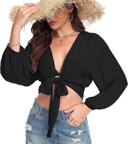 Women's Tie Front Tops Swimwear Cover Ups Long Sleeve Cropped Cardigan Swimsuit Beach Shirt in Saudi Arabia
