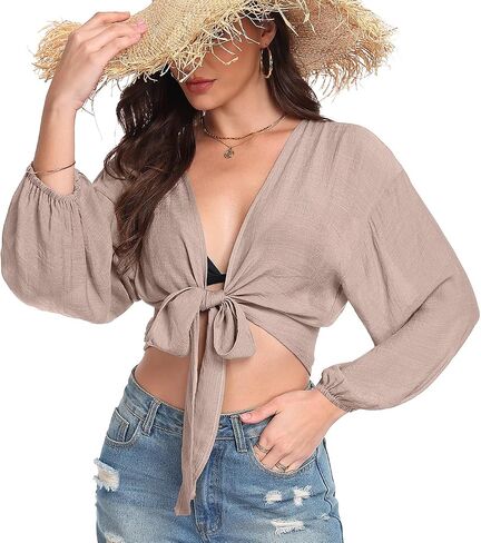 Women's Tie Front Tops Swimwear Cover Ups Long Sleeve Cropped Cardigan Swimsuit Beach Shirt in Saudi Arabia