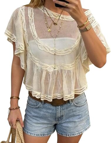 Women Sheer Poncho Top Lace Boho Ruffle Mesh Babydoll Cape Summer Going Out Shawl Beach Cover Up in Kuwait
