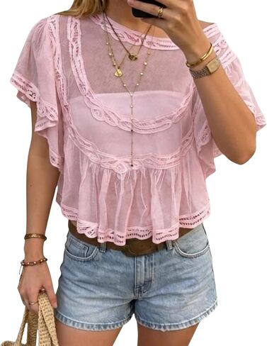 Women Sheer Poncho Top Lace Boho Ruffle Mesh Babydoll Cape Summer Going Out Shawl Beach Cover Up in Kuwait
