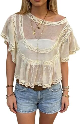 Women Sheer Poncho Top Lace Boho Ruffle Mesh Babydoll Cape Summer Going Out Shawl Beach Cover Up in Kuwait