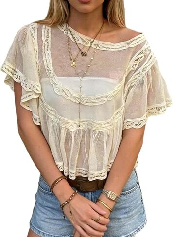 Women Sheer Poncho Top Lace Boho Ruffle Mesh Babydoll Cape Summer Going Out Shawl Beach Cover Up in Kuwait