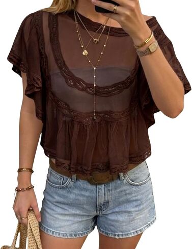 Women Sheer Poncho Top Lace Boho Ruffle Mesh Babydoll Cape Summer Going Out Shawl Beach Cover Up in Kuwait