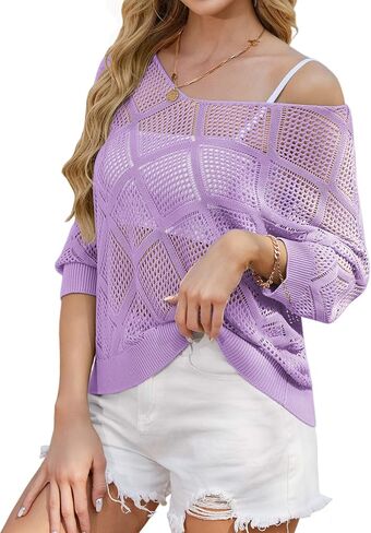 HUSKARY Beach Vacation Clothes for Women 2026 Trendy Spring Summer V Neck Casual 3/4 Sleeve Off Shoulder Crochet Cover Up Top in Saudi Arabia