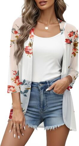 YSYOKOW 1-3 Pack Beach Cover Ups for Women Mesh Cardigan Open Front 3/4 Sleeve Sheer Lightweight Swimwear Cover Up Top in Kuwait