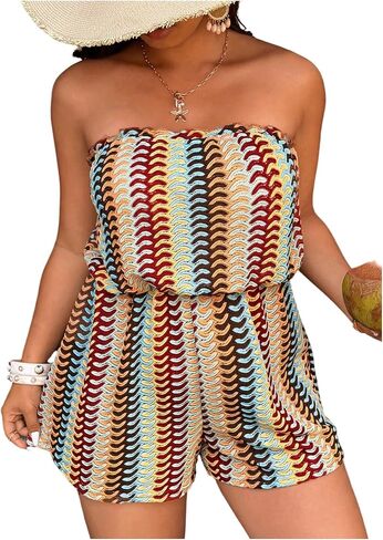 GORGLITTER Women's Plus Size Summer Romper Boho Strapless Wide Leg Short Jumpsuits Beach Vacation Cruise Outfits in Kuwait
