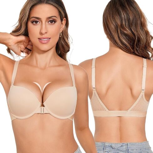 Women‘s Push Up Front Closure Thick Padded Underwire Bra Mesh Back Plunge T-Shirt Bras in Kuwait