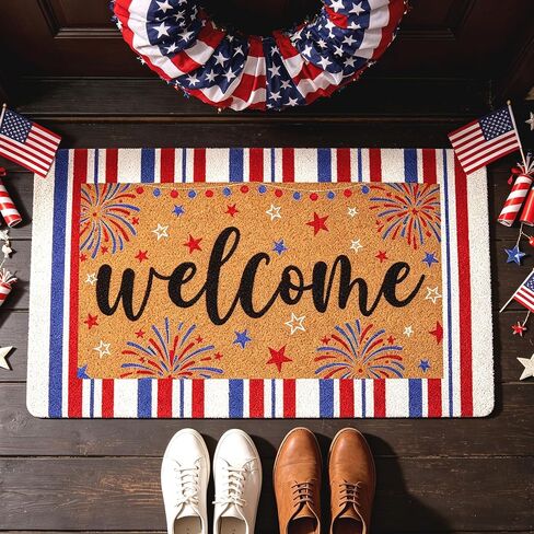 4th of July Patriotic Coir Door Mat USA Red White Blue Stripe Welcome Mats 17x30 inches Star Fireworks Shell Fiber Rug Independence Day Memorial Day Coir Doormat 250 Anniversary Indoor Outdoor Decor in Kuwait