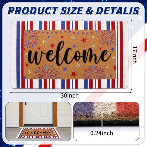 4th of July Patriotic Coir Door Mat USA Red White Blue Stripe Welcome Mats 17x30 inches Star Fireworks Shell Fiber Rug Independence Day Memorial Day Coir Doormat 250 Anniversary Indoor Outdoor Decor in Kuwait
