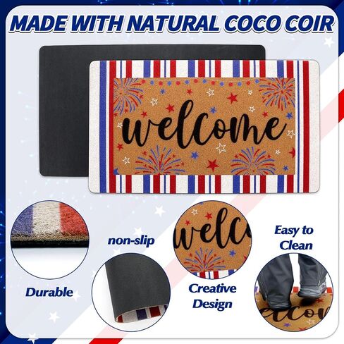 4th of July Patriotic Coir Door Mat USA Red White Blue Stripe Welcome Mats 17x30 inches Star Fireworks Shell Fiber Rug Independence Day Memorial Day Coir Doormat 250 Anniversary Indoor Outdoor Decor in Kuwait