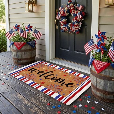 4th of July Patriotic Coir Door Mat USA Red White Blue Stripe Welcome Mats 17x30 inches Star Fireworks Shell Fiber Rug Independence Day Memorial Day Coir Doormat 250 Anniversary Indoor Outdoor Decor in Kuwait